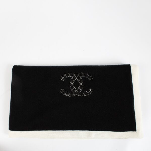 authentic preloved Chanel Black Cashmere Scarf With Sequin Logo on Labellov.com