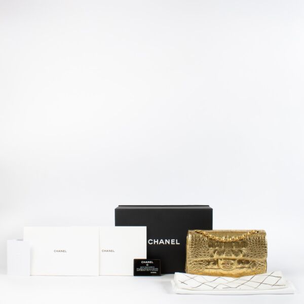 Chanel 19A Gold Crocodile Embossed Small Classic Flap Bag