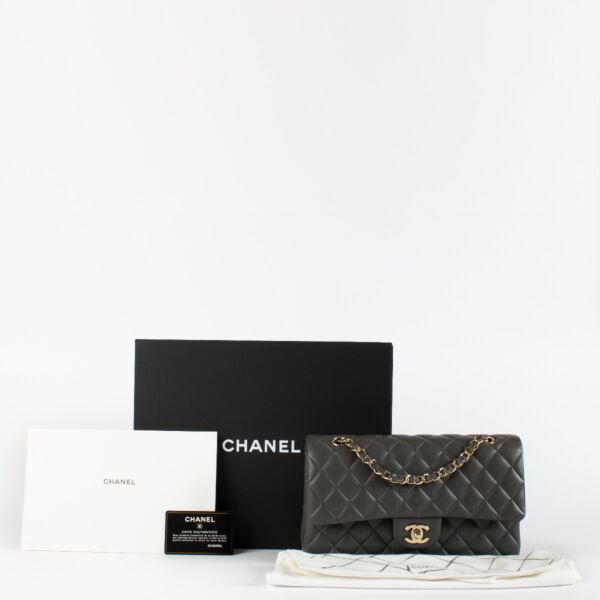 Chanel Classic Medium Grey Lambskin Champagne Gold Hardware 