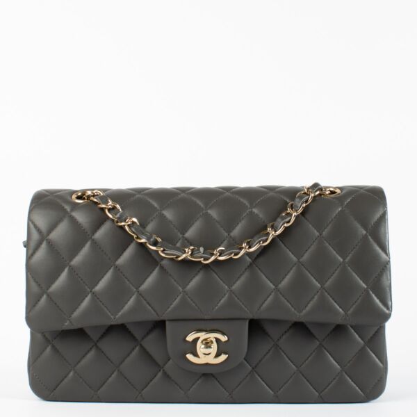 Chanel Classic Medium Grey Lambskin Champagne Gold Hardware 
