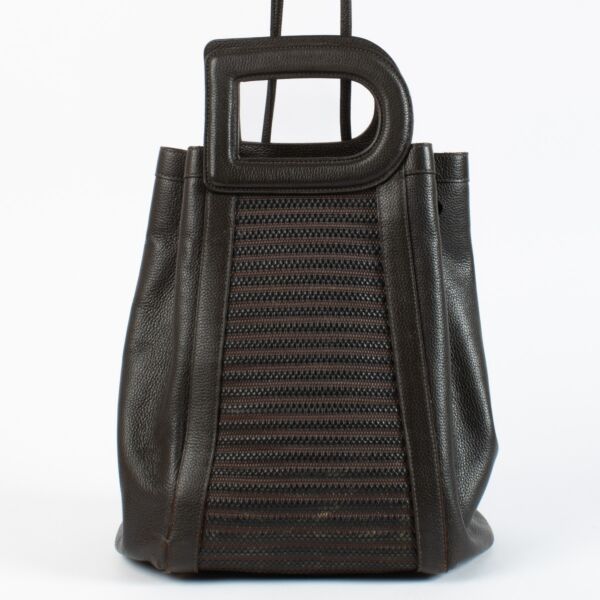 Delvaux Brown Leather Bag with woven front panel, gold-tone hardware and D-shaped handles at Labellov.com