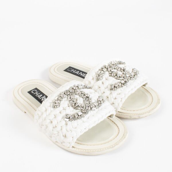 Chanel White Raffia Swarovski Slippers - size 36.5