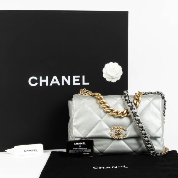 Chanel Silver Lambskin Large Chanel 19 Bag