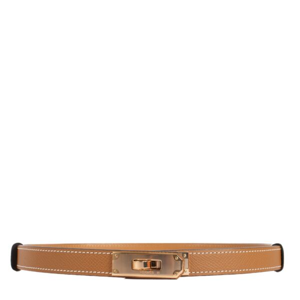 Brand new Hermès Kelly 18 Belt in Gold Epsom leather with rose gold hardware, complete with original box, dust bags, and invoice.
