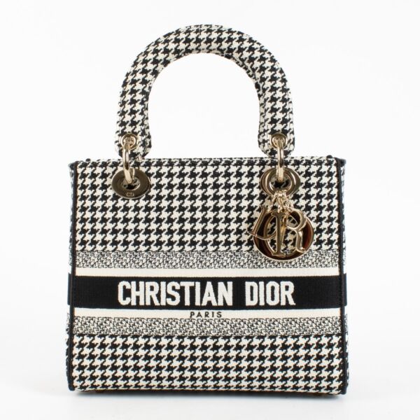 Authentic Second Hand Christian Dior Black and White Houndstooth Canvas Medium Lady Dior Top Handle on Labellov.com