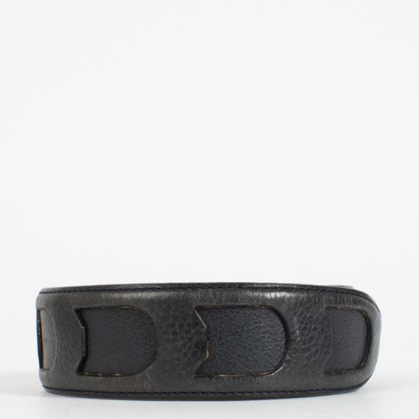 Delvaux Black Leather Belt with gold buckle and signature D cut-out design at Labellov.com