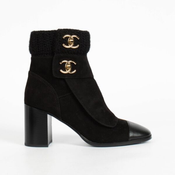 Authentic pre-loved Chanel Black Suede Lambskin Knit CC Short Boots on Labellov.com