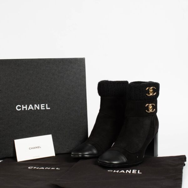 Chanel Black Suede Lambskin Knit CC Short Boots - Size 39.5