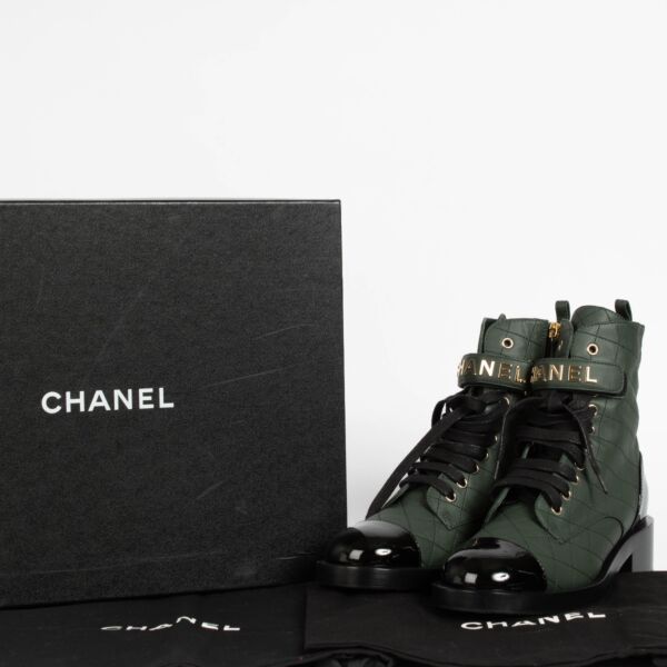 Chanel Green Lambskin Logo Lace Up Boots - Size 39 1/2