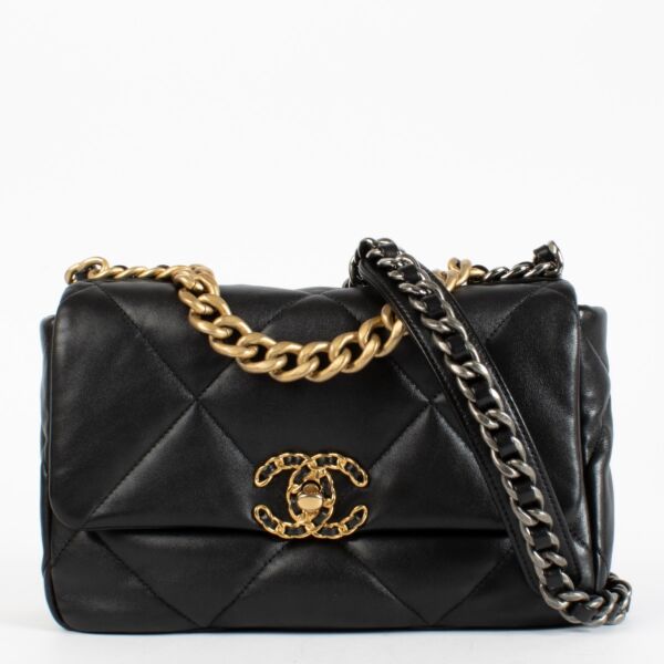 Authentic Second Hand Chanel Black Shiny Lambskin Medium Chanel 19 Bag On Labellov.com