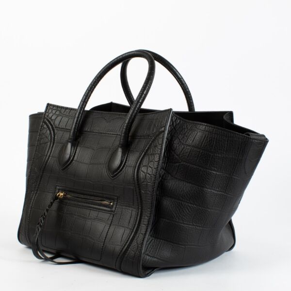 Celine Black Crocdile Embossed Medium Luggage Phantom Top Handle
