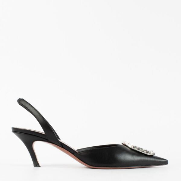 Amina Muaddi Camelia Black Leather Slingback Pumps - Size 38.5