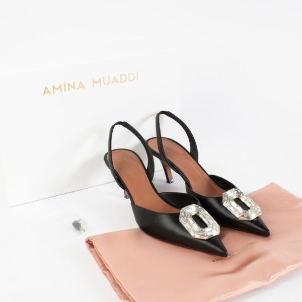 Amina Muaddi Camelia Black Leather Slingback Pumps - Size 38.5