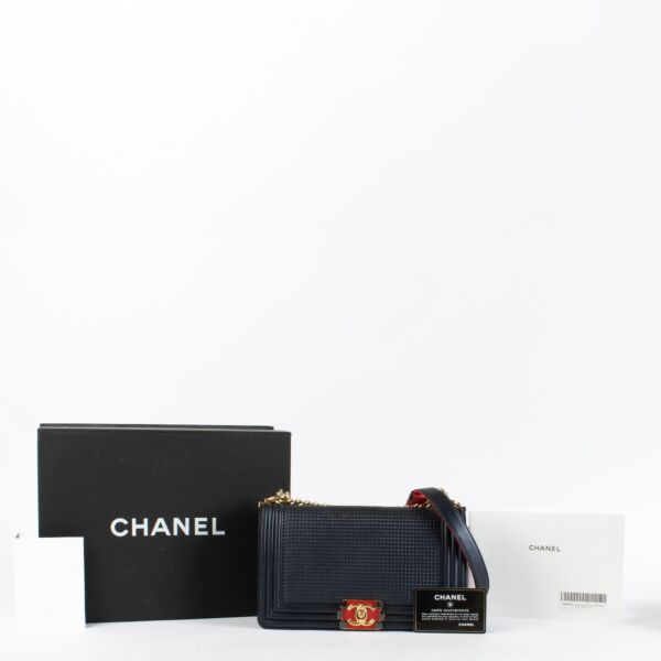 Chanel Navy Blue Cube Embossed Lambskin Medium Boy Chanel Bag