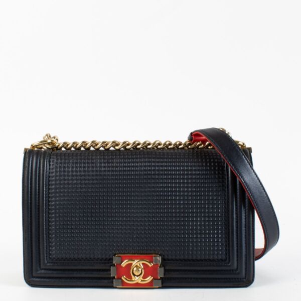 Chanel Navy Blue Cube Embossed Lambskin Medium Boy Chanel Bag