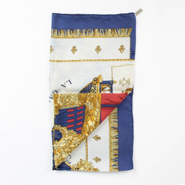 Authentic pre-loved Hermès Blue La Reale Vue du Carrosse de la Galere 90 Silk Scarf on Labellov.com
