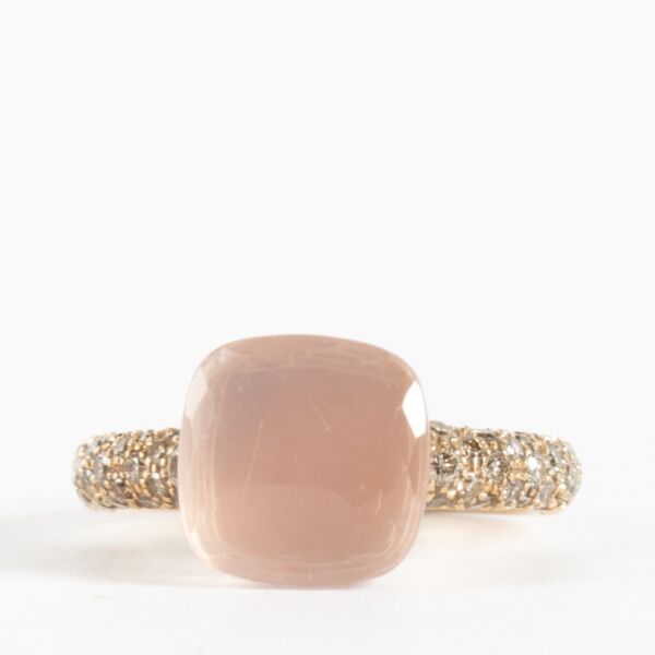 Pomellato Rose Quartz/Diamonds/Yellow Gold Nudo Classic Ring - Size 55