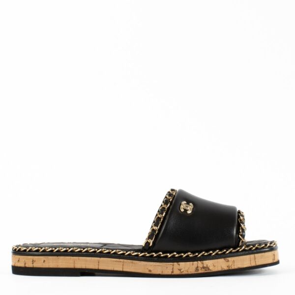 Authentic Preloved Chanel 23C Black Chain Mule Sandals - Size 39 on Labellov.com