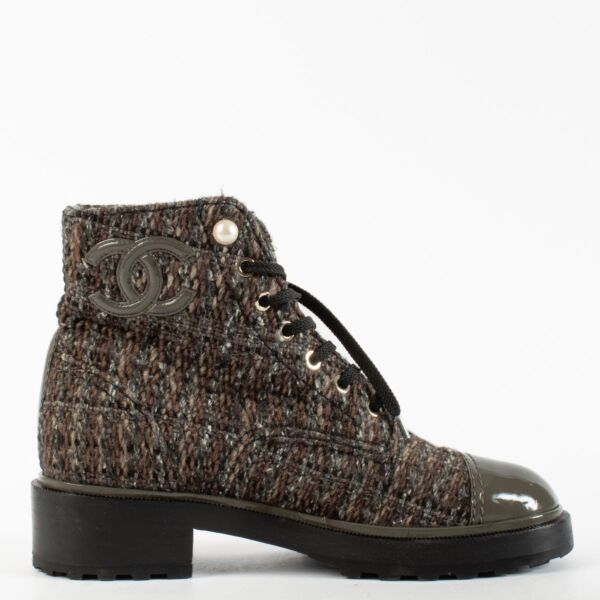 Chanel tweed and patent calfskin combat short boots with pearl CC detail in size 39 at Labellov.com