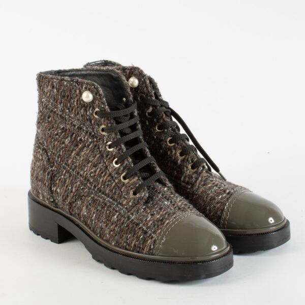 Chanel Tweed Patent Calfskin Pearl Combat Short Boot - Size 39