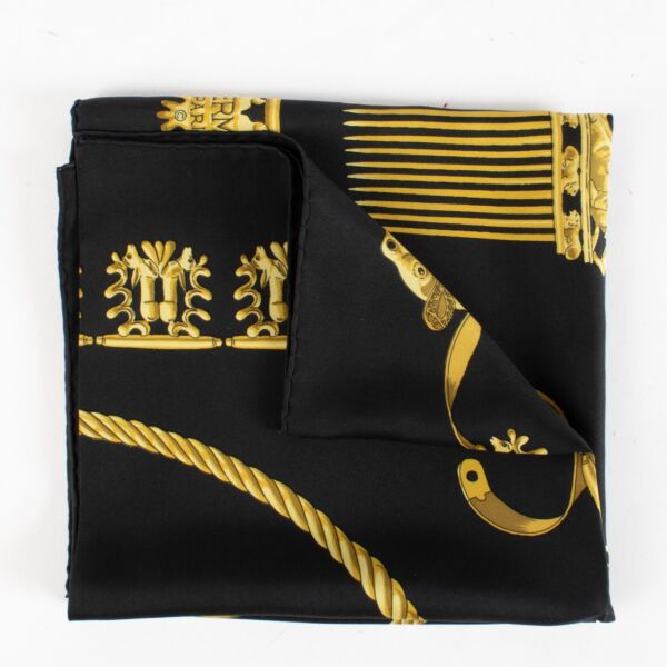 Authentic Second Hand Hermès Black Les Cavaliers D’Or Scarf on Labellov.com
