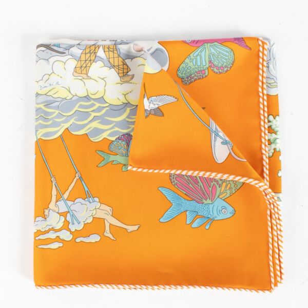 Authentic second-hand Hermès Carré 90 Sur Mon Nuage Orange Silk Scarf on labellov.com