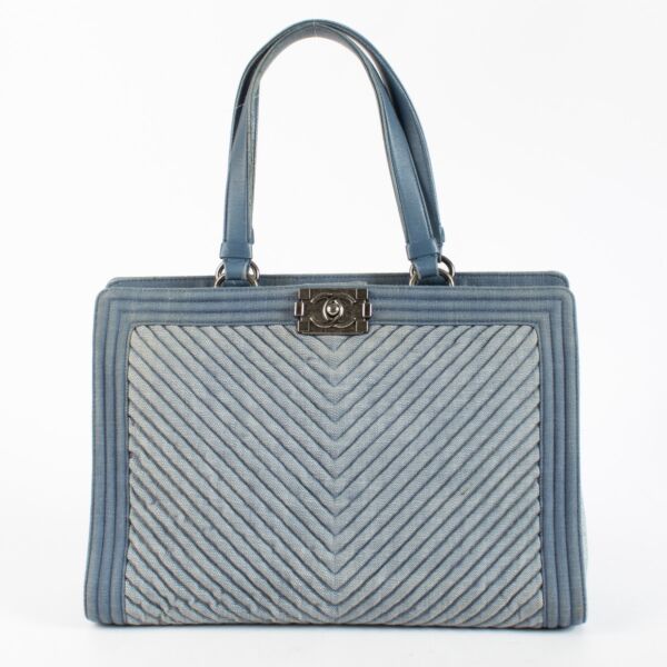 authentic preloved Chanel Blue Denim Boy Tote Bag on Labellov.com