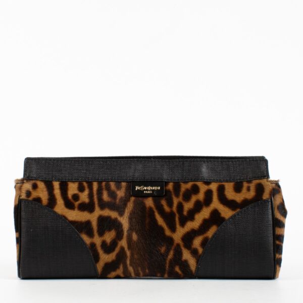 Saint Laurent Rive Gauche leopard pony hair clutch with gold-tone zipper hardware at Labellov.com
