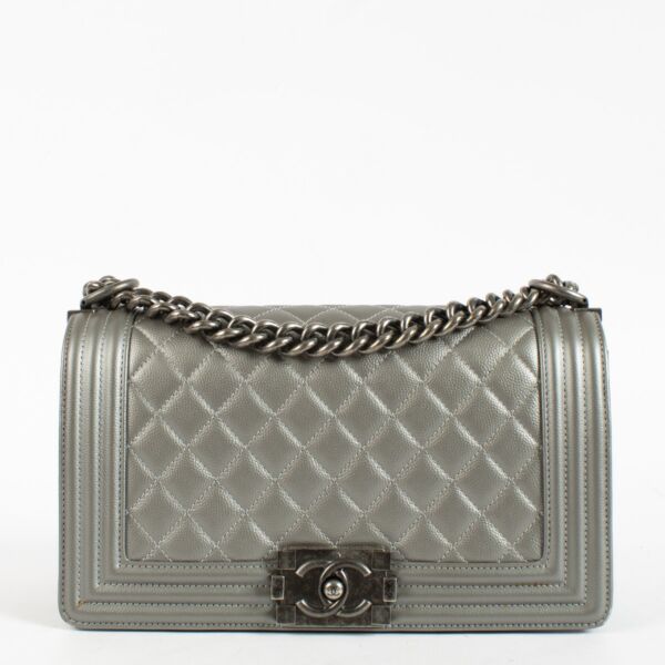 Chanel Silver Medium Boy Bag with quilted leather and aged hardware at Labellov.com