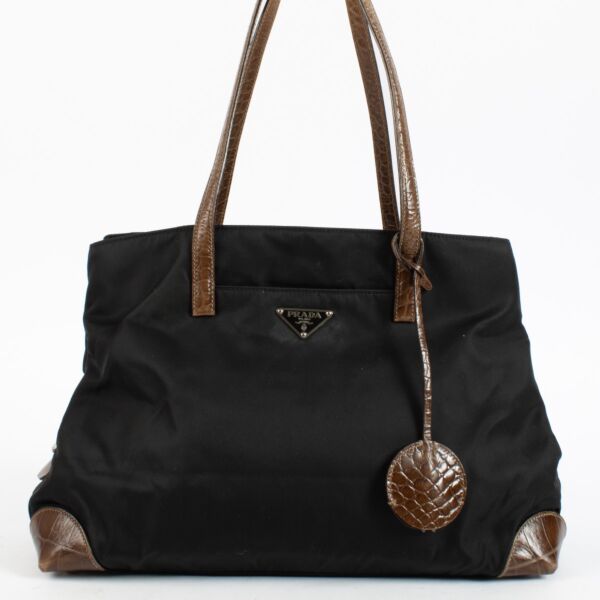 Authentic Second Hand Prada Black Nylon Crocodile Embossed Tote Bag on Labellov.com