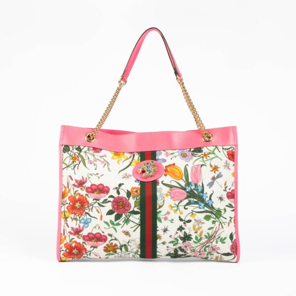 Authentic pre-loved Gucci Pink Floral Print Canvas Rajah Tote Bag on Labellov.com