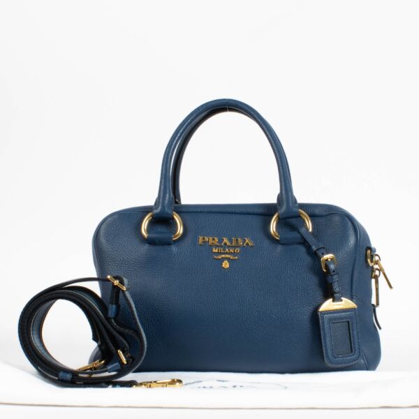 Prada Blue Mini Vitello Phenix Bauletto Bag