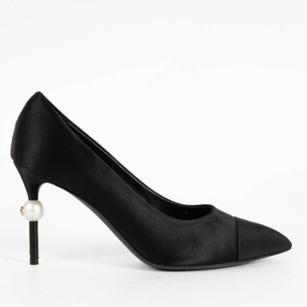 Shop the authentic Chanel Black Satin Pearl Heel Pumps Size 39 on Labellov.com.