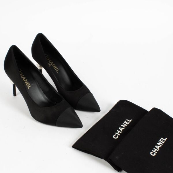 Chanel Black Satin Pearl Heel Pumps - Size 39