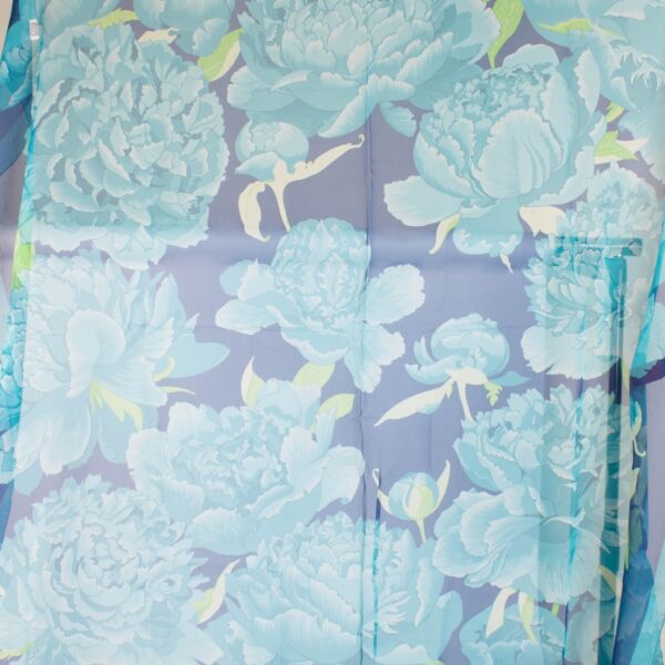 Hermès Blue Les Pivoines Silk Mousseline 140 Shawl