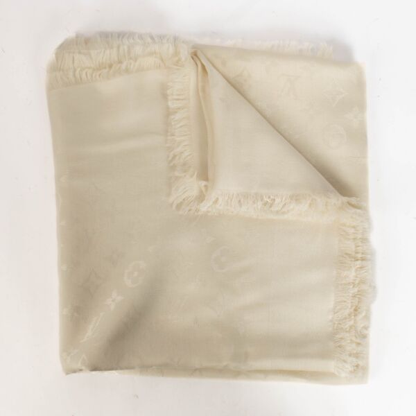 Authentic pre-loved Louis Vuitton White Silk/Wool Monogram Classic Shawl on Labellov.com