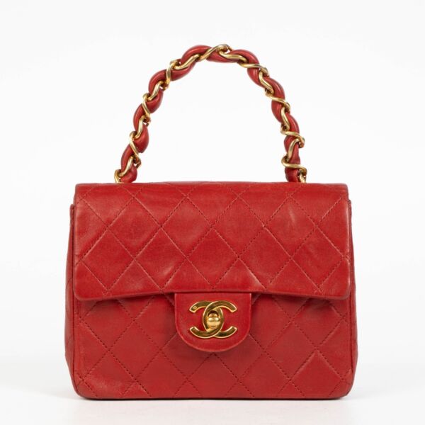 Authentic pre-loved Chanel Vintage Red Lambskin Mini Square Classic Flap Bag on Labellov.com