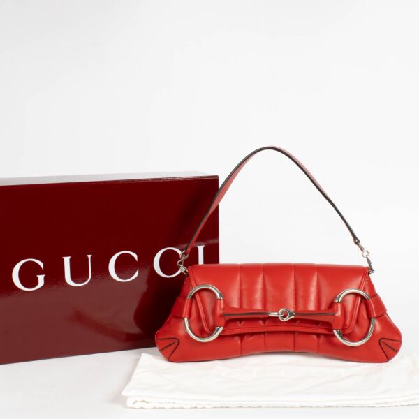 Gucci Red Leather Medium Horsebit Chain Clutch