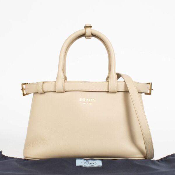 Prada Travertine Leather Small Buckle Double Belt Bag