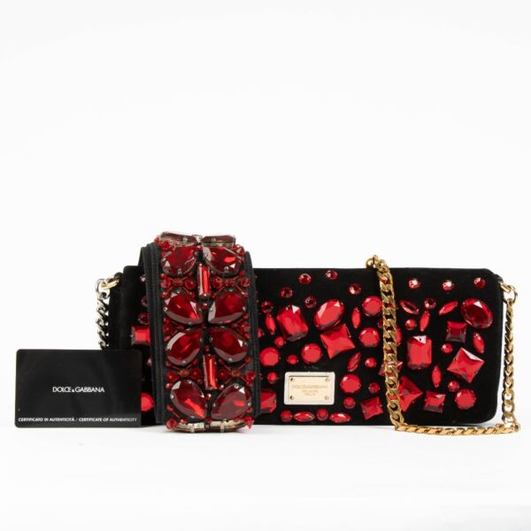 Dolce & Gabbana Black Suede Red Crystal Chain Clutch + Matching Belt