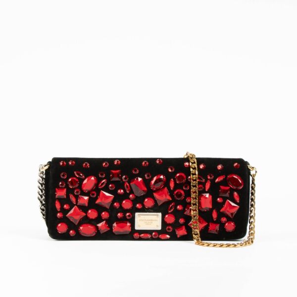 Dolce & Gabbana Black Suede Red Crystal Chain Clutch + Matching Belt