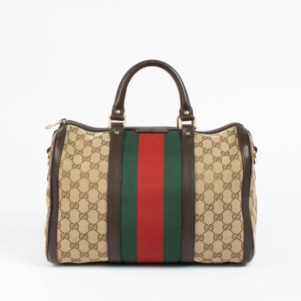 Shop this authentic Gucci GG Canvas Web Joy Medium Boston Bag pre-loved on Labellov.com 