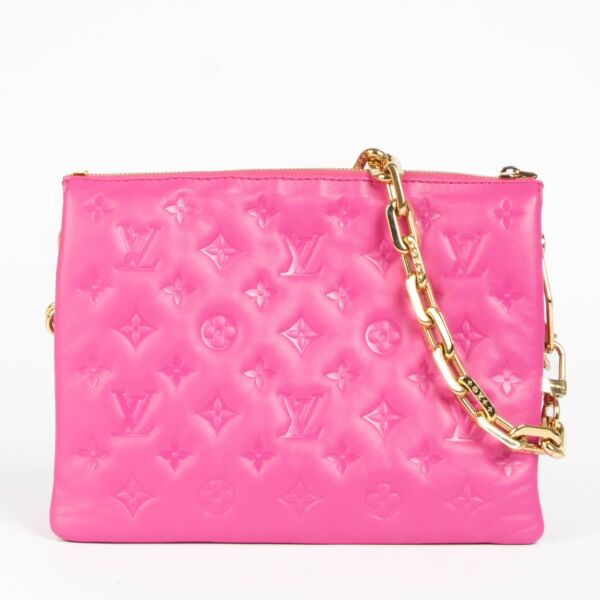 Authentic pre-loved Louis Vuitton Fuchsia Lambskin Coussin PM Crossbody Bag on Labellov.com
