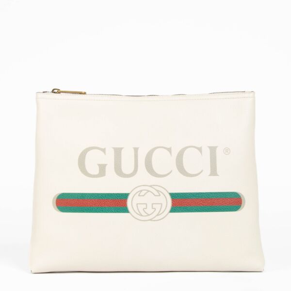 Authentic pre-loved Gucci Beige Leather Logo Zip Pouch on Labellov.com
