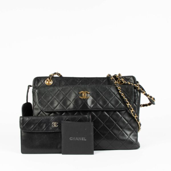 Chanel Vintage Black Lambskin Front Pocket Tote Bag