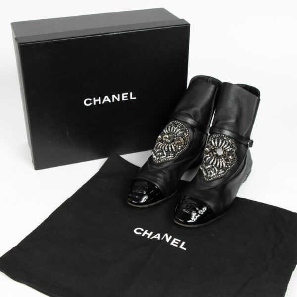 Chanel Black Crystal Embellished CC Cap Toe Ankle Boots - Size 38