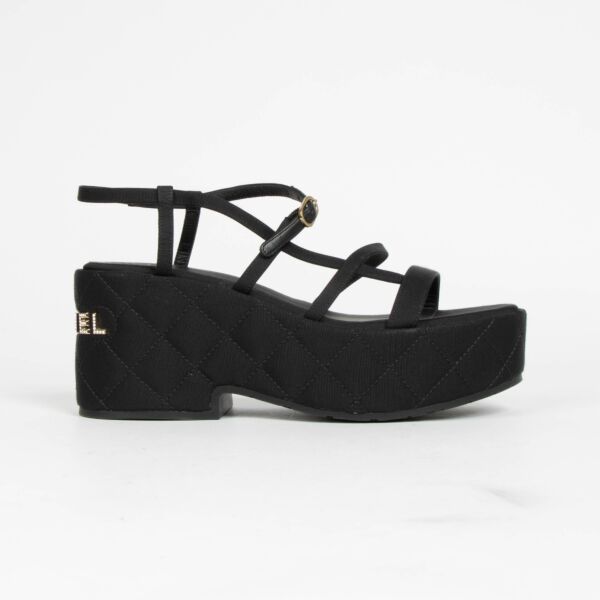 Authentic pre-loved Chanel Black Cloth Platform Sandals - Size 38 on Labellov.com