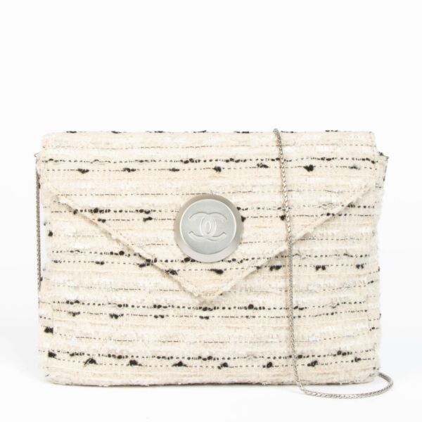Authentic pre-loved Chanel White Tweed Envelope Crossbody Bag on Labellov.com