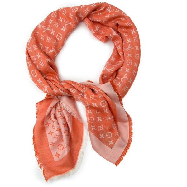 shop safe online secondhand Louis Vuitton monogram shawl scarf denim red Chili wool silk 