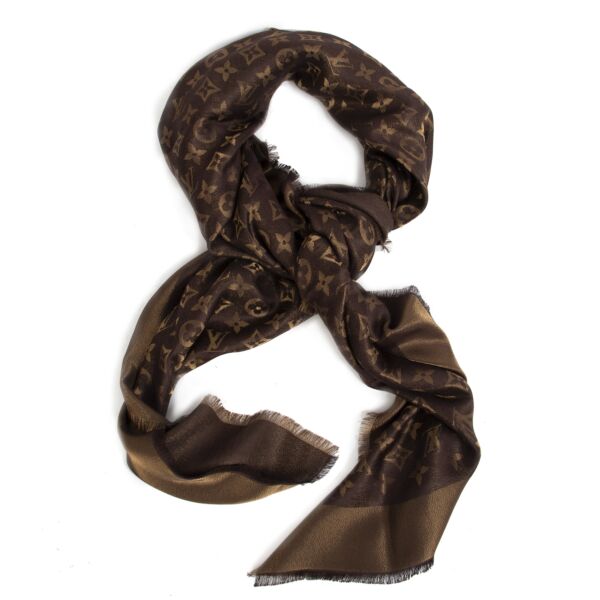 Authentieke Tweedehands Louis Vuitton Espresso Bronze Gold Monogram Shawl juiste prijs veilig online shoppen luxe merken webshop winkelen Antwerpen België mode fashion